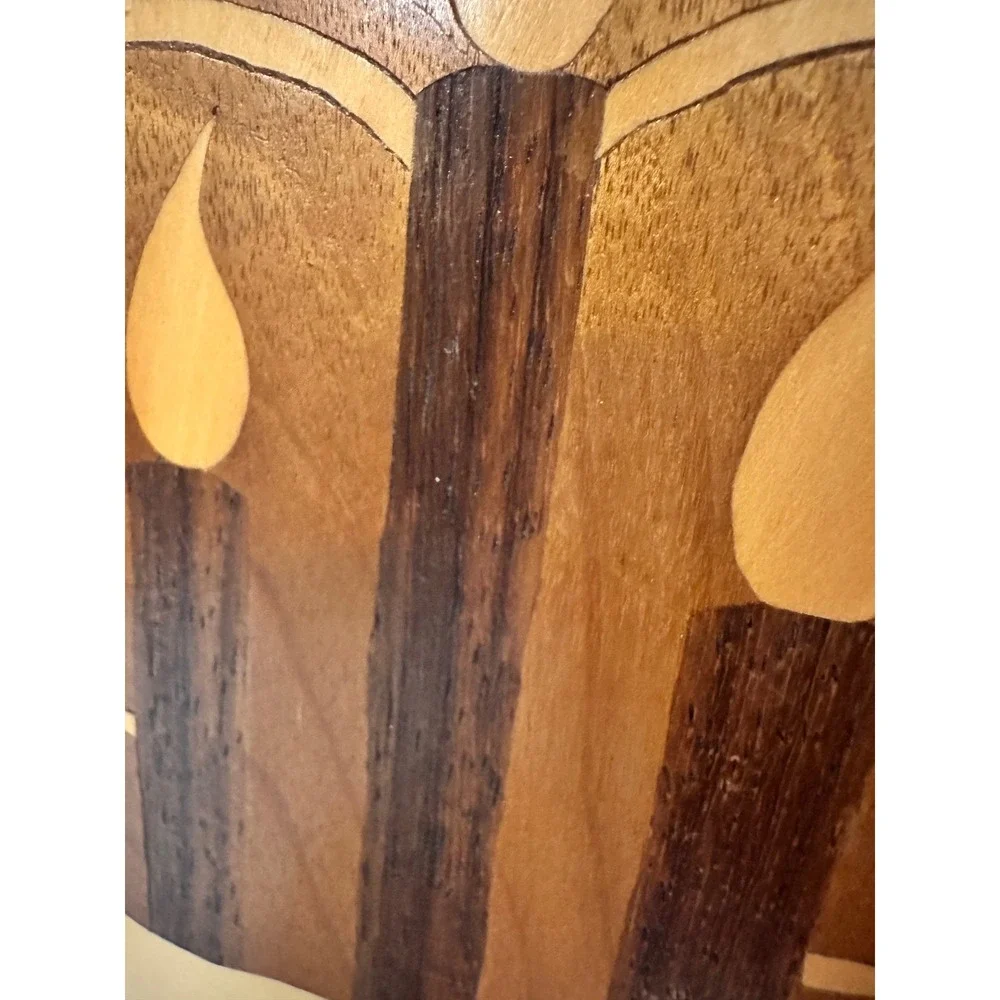 Vintage Marquetry Wood Inlay Wall Art Plaque Candles Book Brown Handmade Art